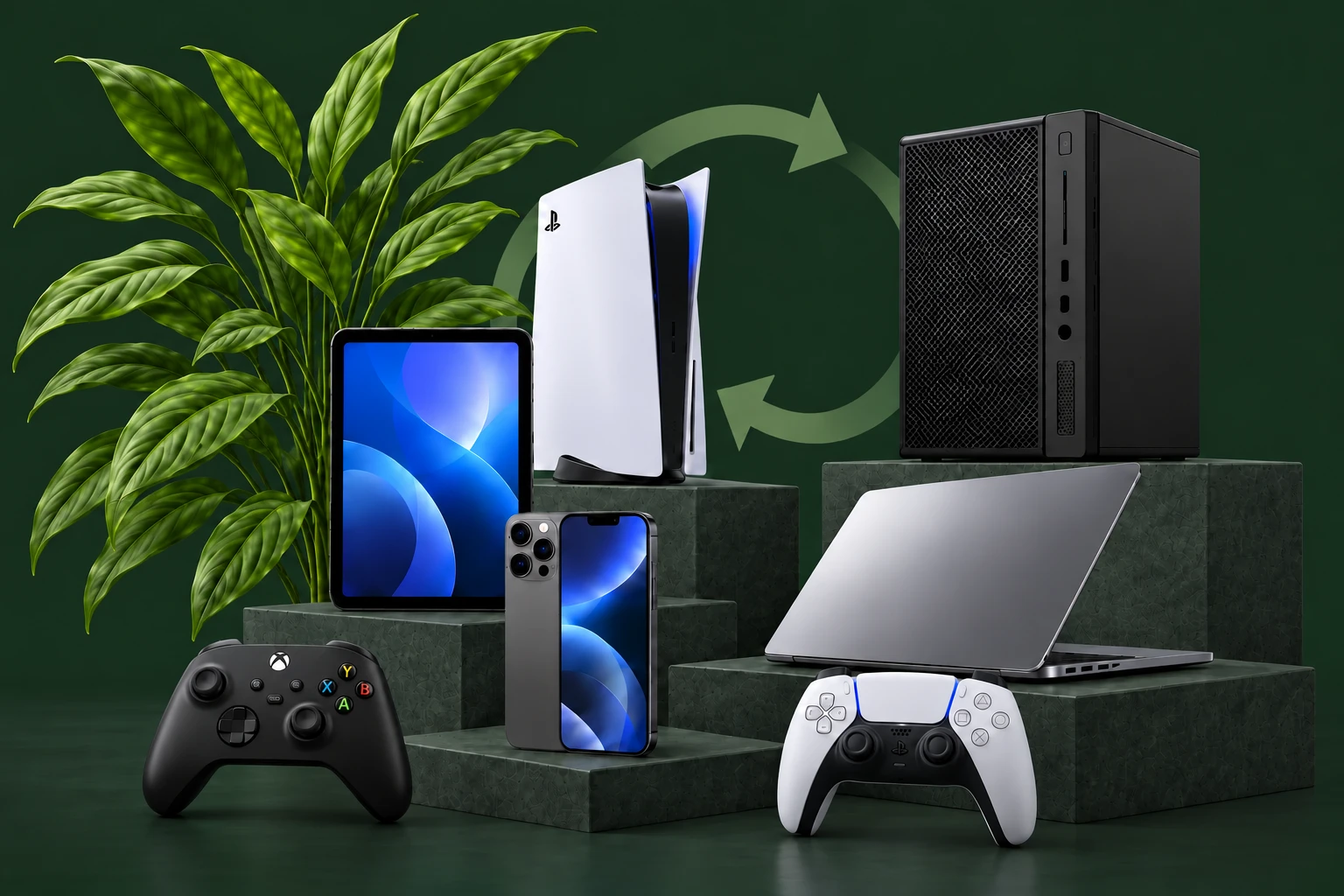 Smartphone, tablet, PS5, portátil e torre de computador, com uma planta e setas de reutilização